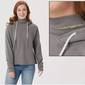 Peace Love World Gray Hoodie w/ Embroidered “Radiate Happiness” Mock Neck Detail